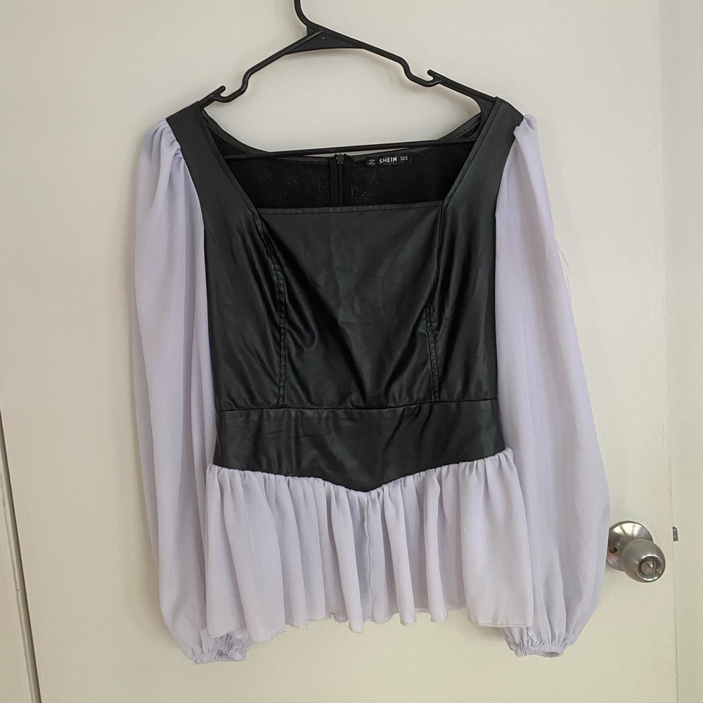 Leather core puffy long sleeve blouse